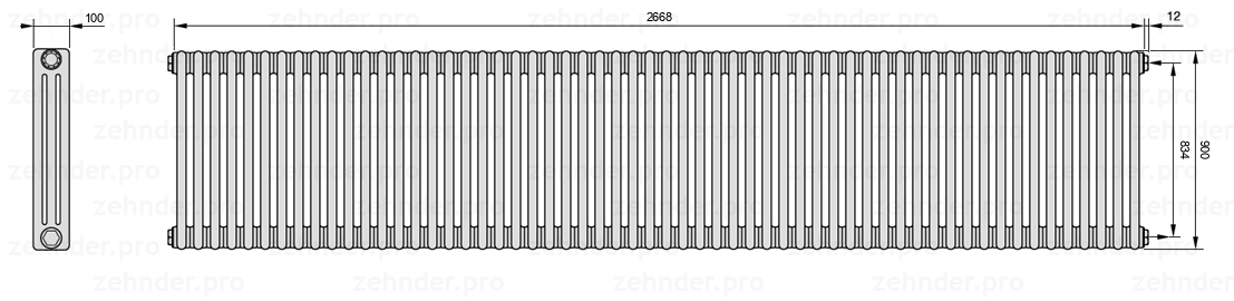 Схема (чертеж) Радиатор Zehnder Charleston 3090/58 №7610 Белый глянцевый RAL 9016